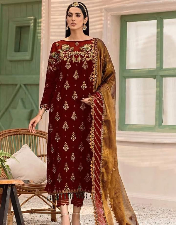Emaan Adeel Velvet Suit-Maroon-Velvet-Aarasta