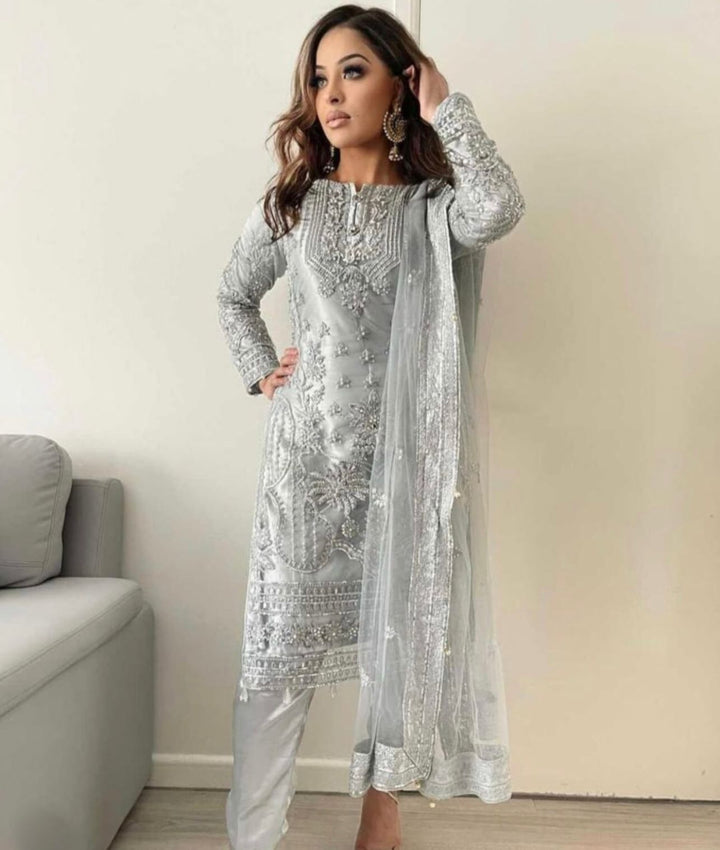 Gulaal Organza Suit-Silver-Organza-Aarasta