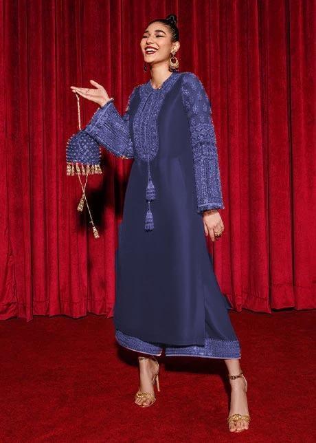Hussain Rehar Silk Suit-Blue-Silk-Aarasta