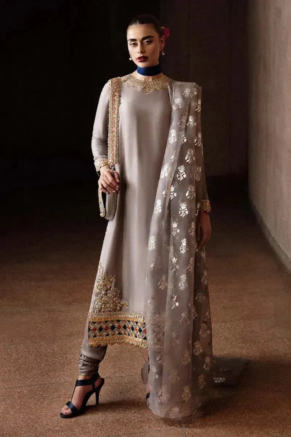 Hussain Rehar Silk Suit-Grey-Silk-Aarasta