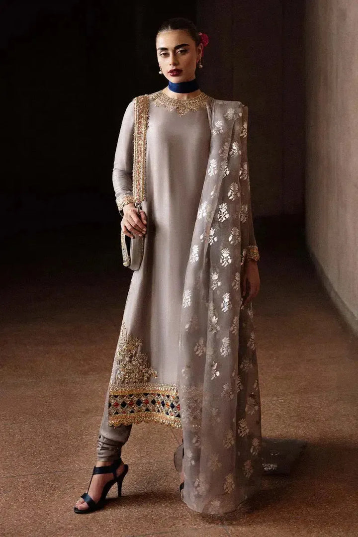 Hussain Rehar Silk Suit-Grey-Silk-Aarasta
