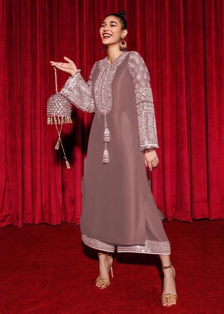 Hussain Rehar Silk Suit-Grey-Silk-Aarasta