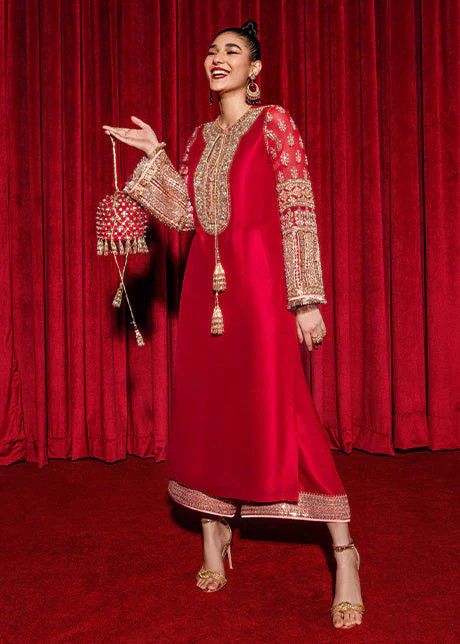 Hussain Rehar Silk Suit-Red-Silk-Aarasta
