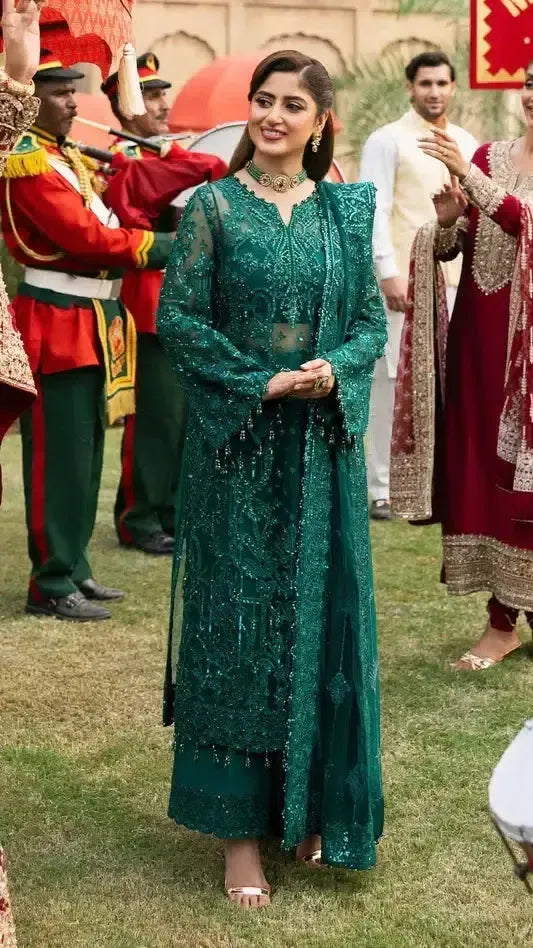 Kanwal Malik Net Suit-Green-Net-Aarasta