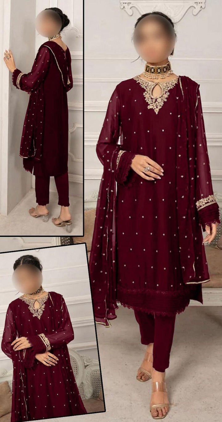 Laam Chiffon Suit-Maroon-Chiffon-Aarasta
