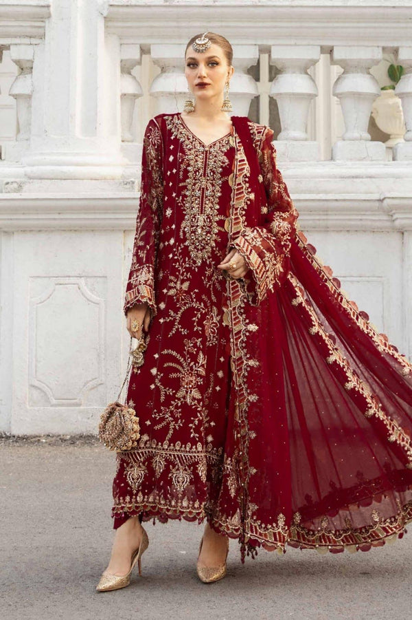 Maria B Chiffon Suit-Maroon-Chiffon-Aarasta