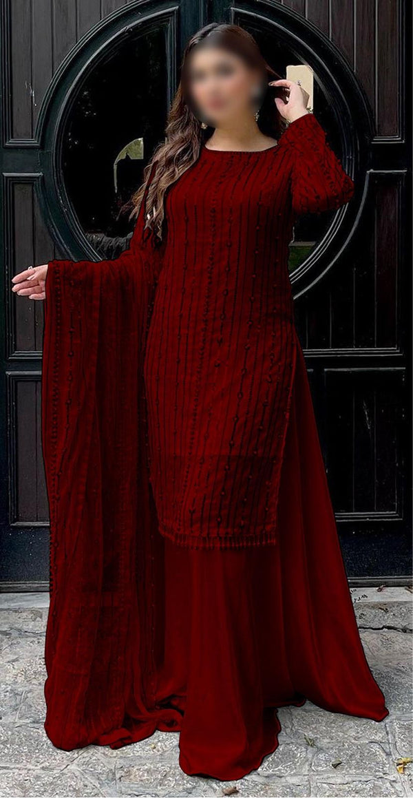 Maria B Chiffon Suit-Maroon-Chiffon-Aarasta