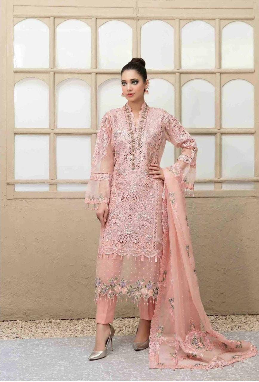 Maria B Organza Suit-Pink-Organza-Aarasta