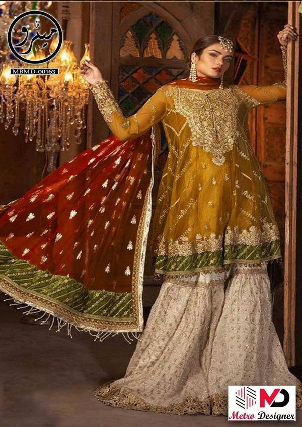 Maria B Chiffon Bridal Suit-Yellow-Chiffon-Aarasta