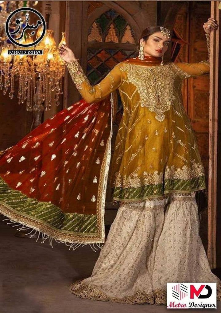 Maria B Chiffon Bridal Suit-Yellow-Chiffon-Aarasta