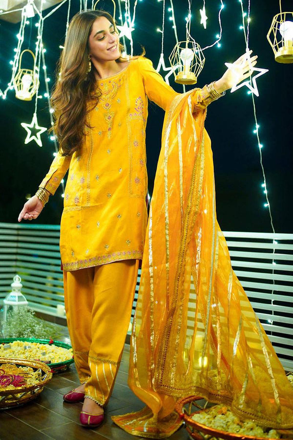 Maya Ali Organza Suit-Yellow-Organza-Aarasta