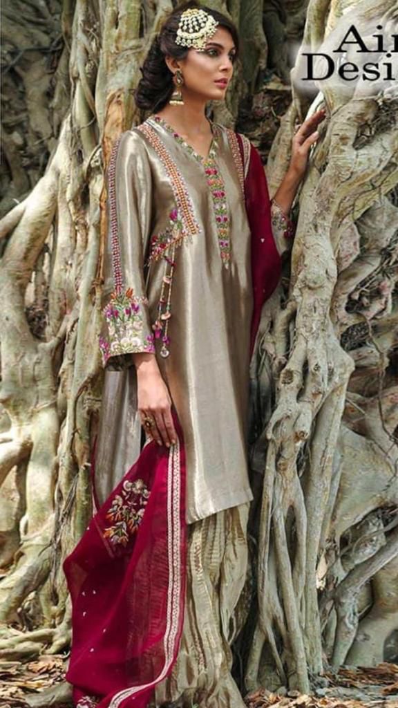 Nida Azwer Organza Suit-Brown-Organza-Aarasta