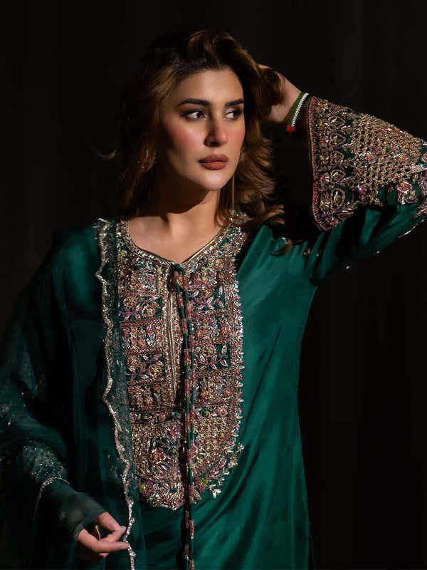 Kubra Khan Silk Suit-Green-Silk-Aarasta