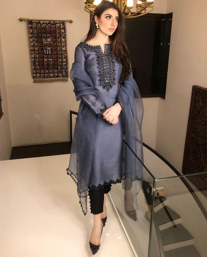 Maria Khan Silk Suit-Grey-Silk-Aarasta