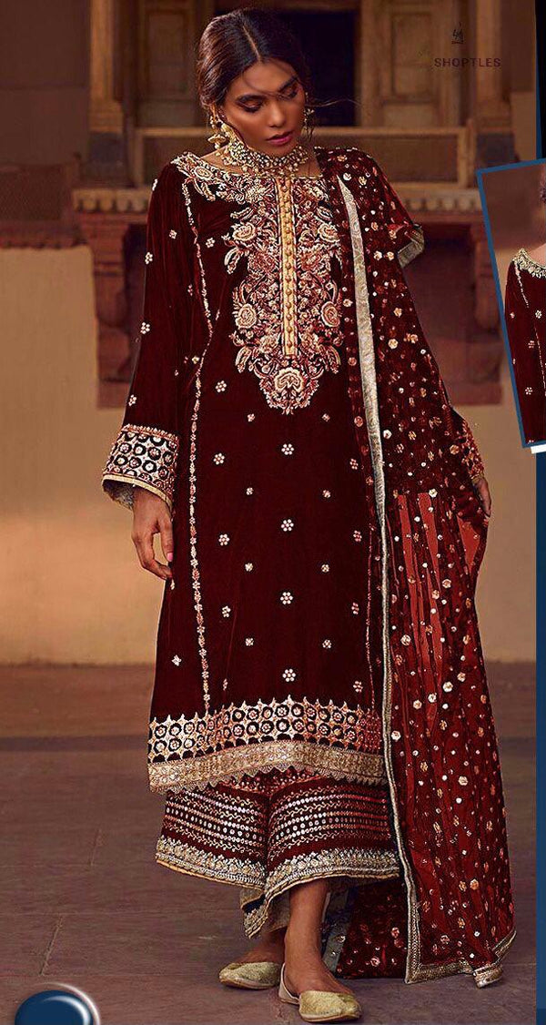 Anas Abrar Velvet Suit-Maroon-Velvet-Aarasta