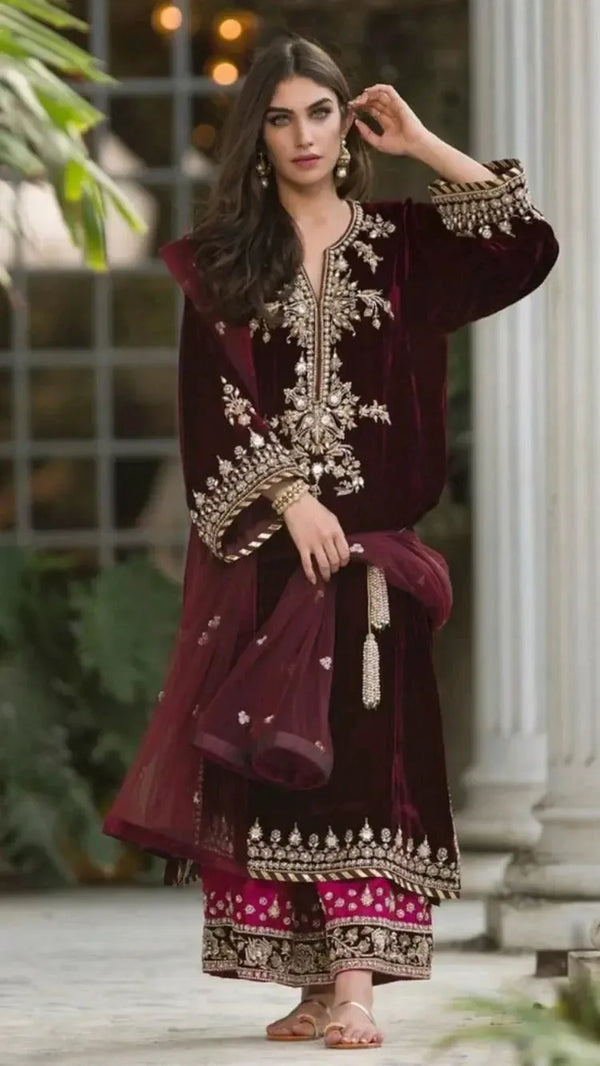 Sana Abbas Velvet Suit-Maroon-Velvet-Aarasta