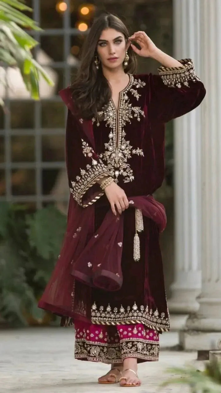 Sana Abbas Velvet Suit-Maroon-Velvet-Aarasta