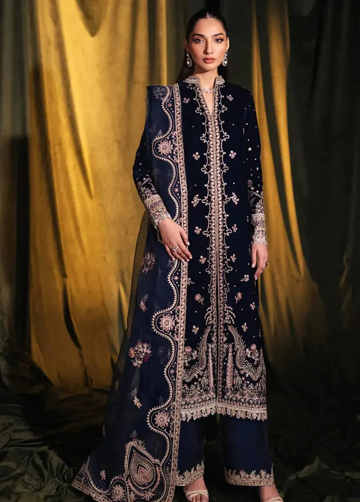 Qalamkar Velvet Suit-Navy-Velvet-Aarasta