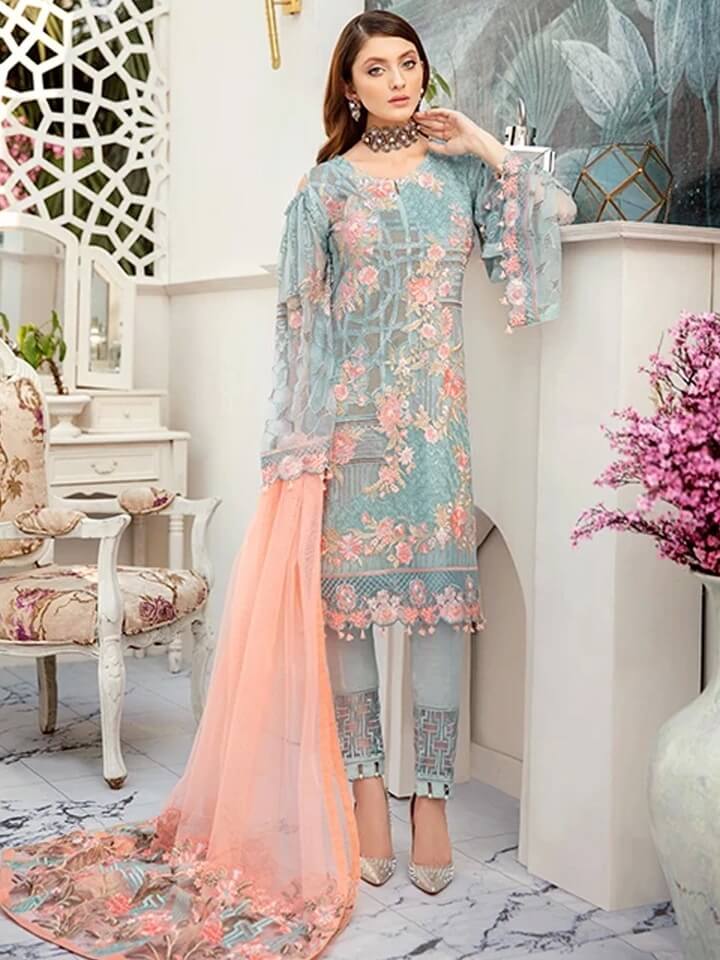 Ramsha Organza Suit-Sky Blue-Organza-Aarasta