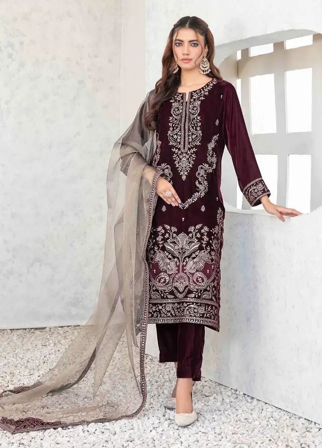 Tawakkal Velvet Suit-Maroon-Velvet-Aarasta